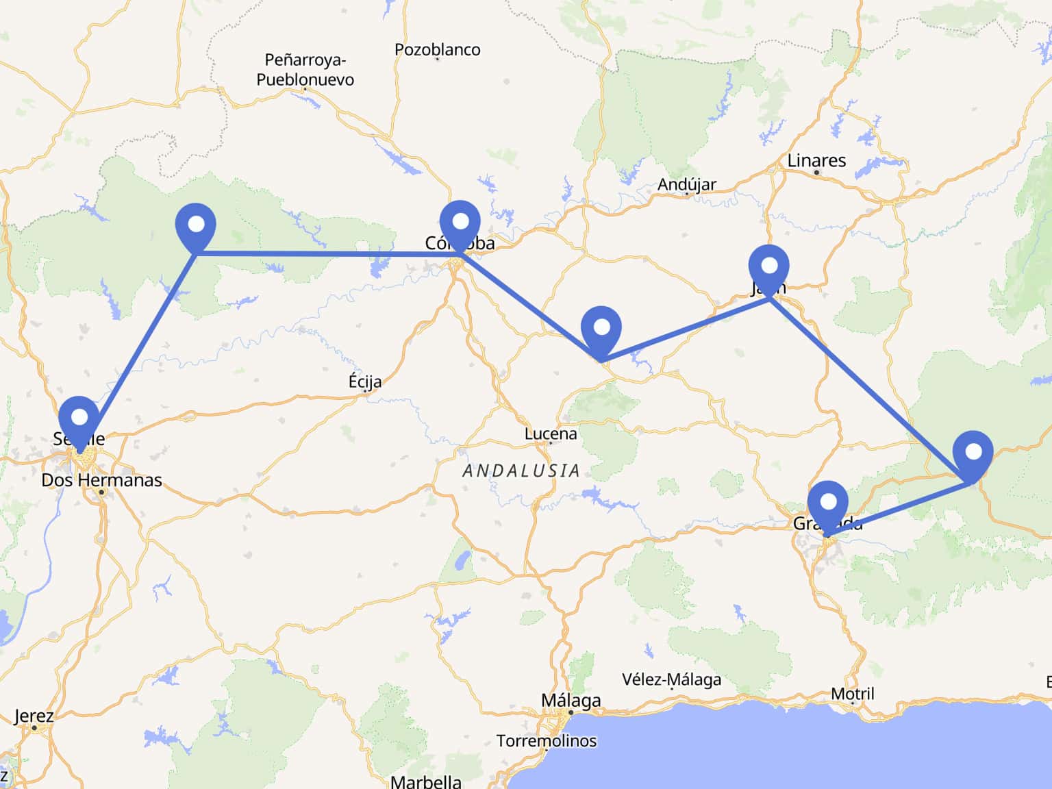 Andalucia, Spain Cycling Tour route map