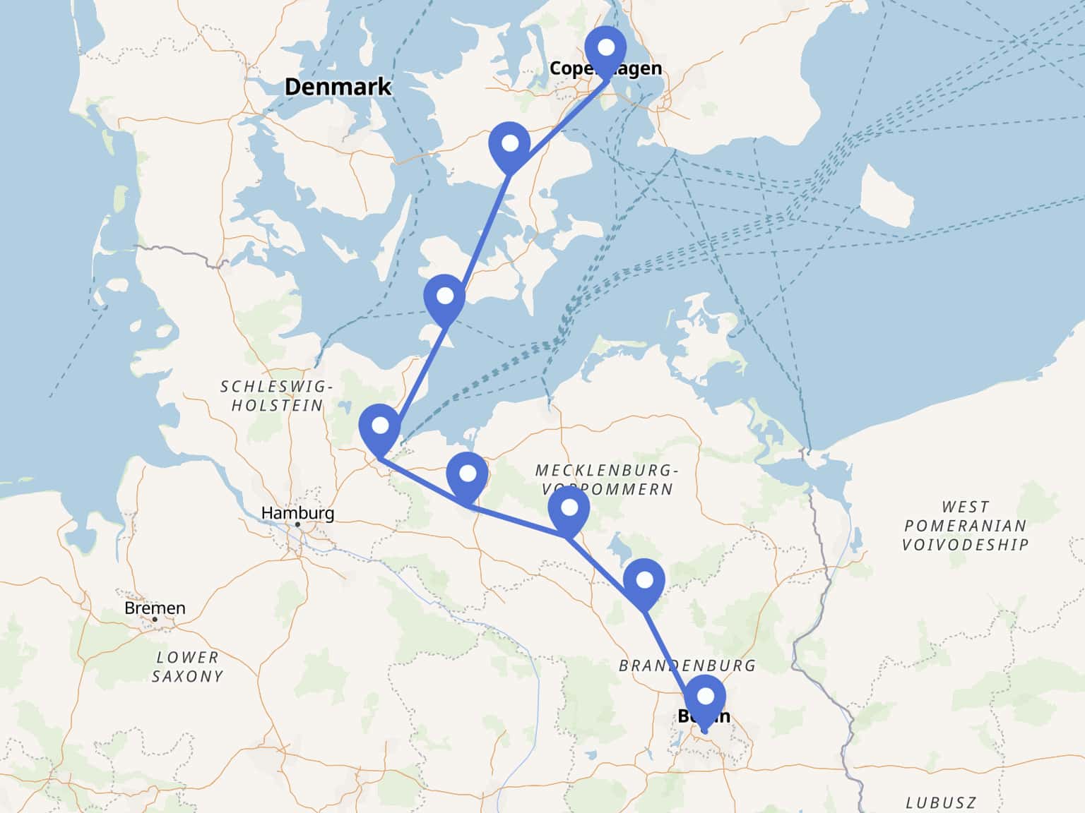 Berlin to Copenhagen Cycling Tour route map