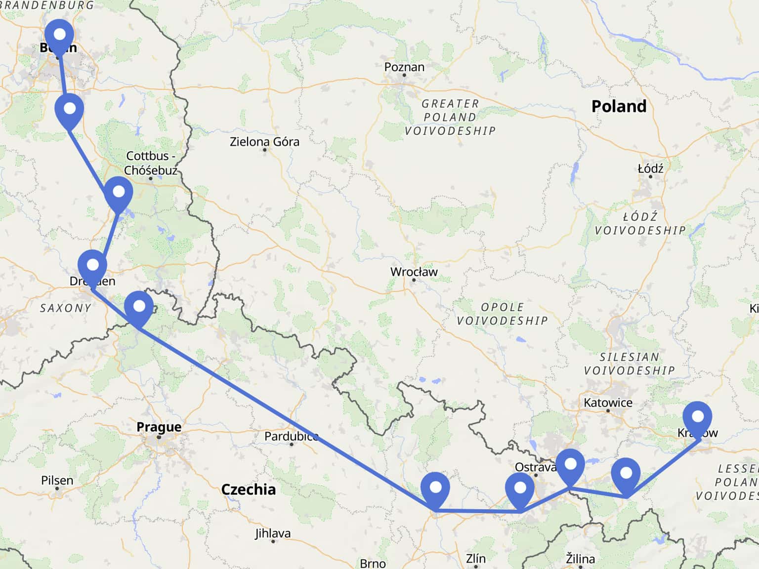 Berlin to Krakow Cycling Tour route map