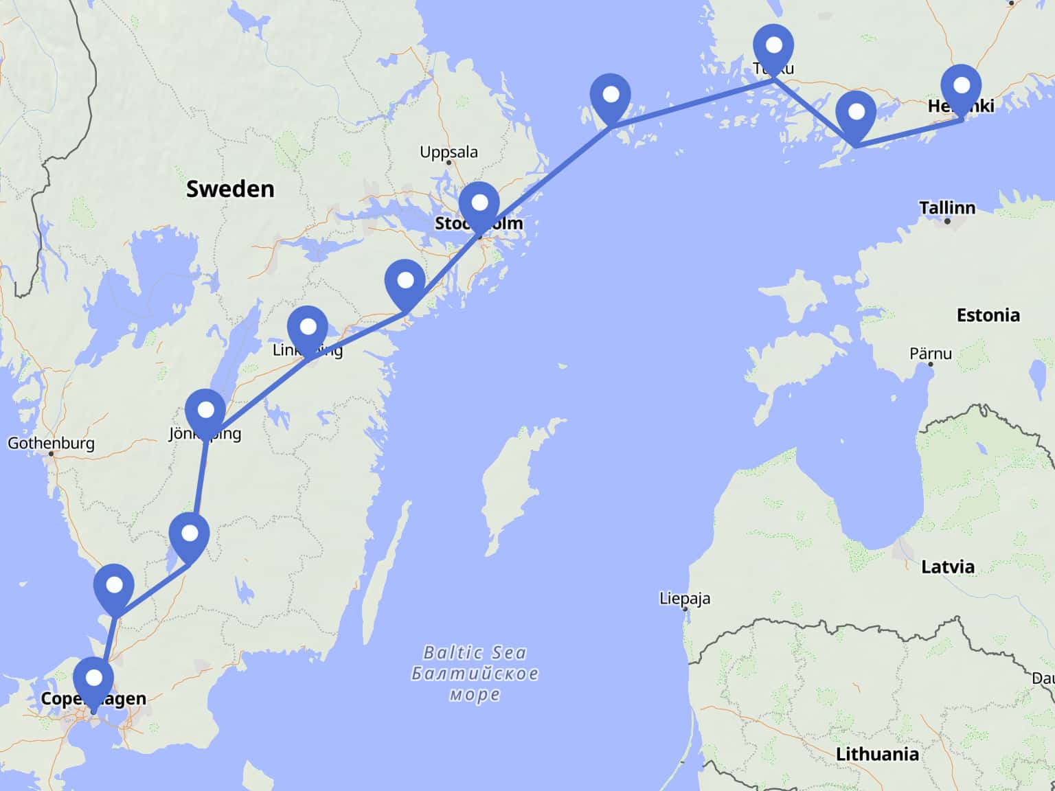 Copenhagen to Helsinki Cycling Tour route map