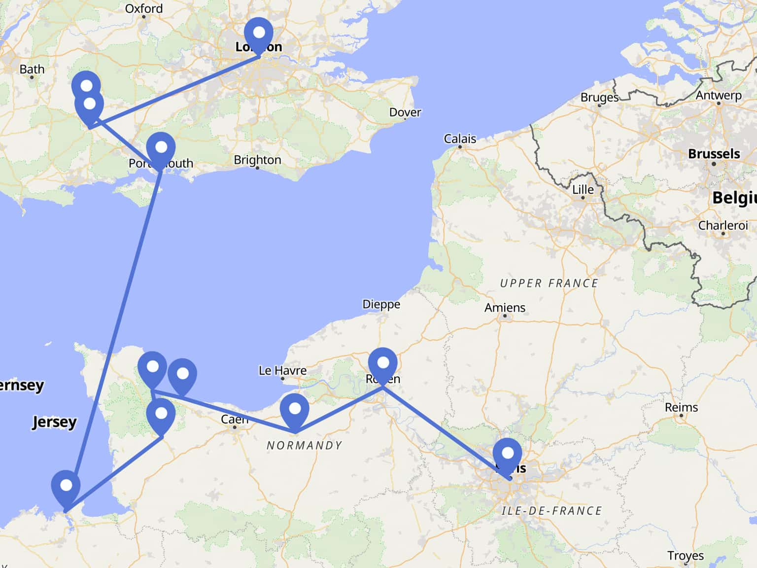 London to Paris Cycling Tour route map
