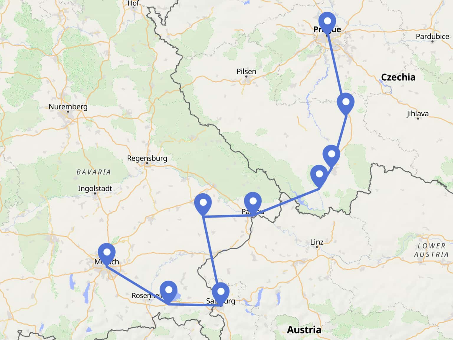 Munich to Prague Cycling Tour route map