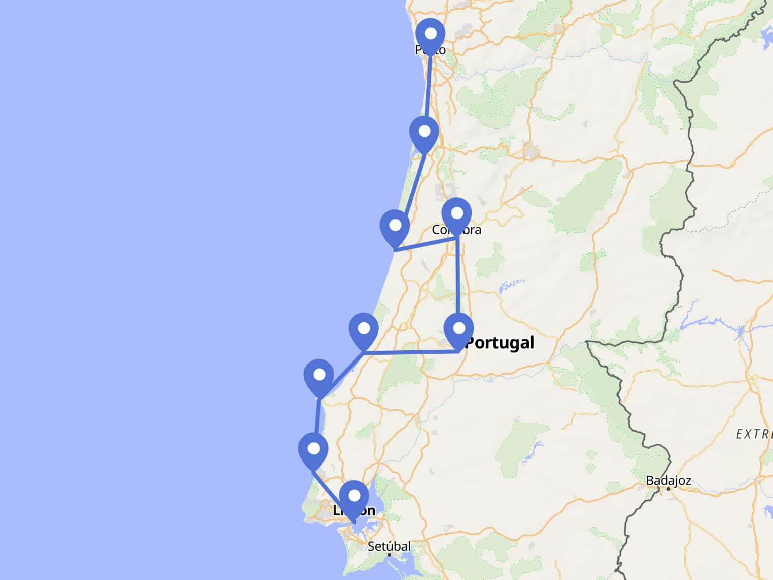 Porto to Lisbon Cycling Tour route map