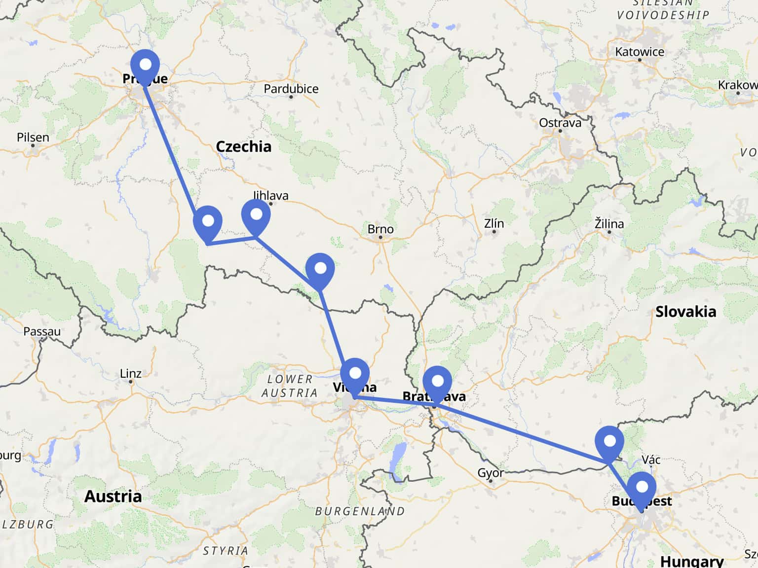 Prague to Budapest Cycling Tour route map