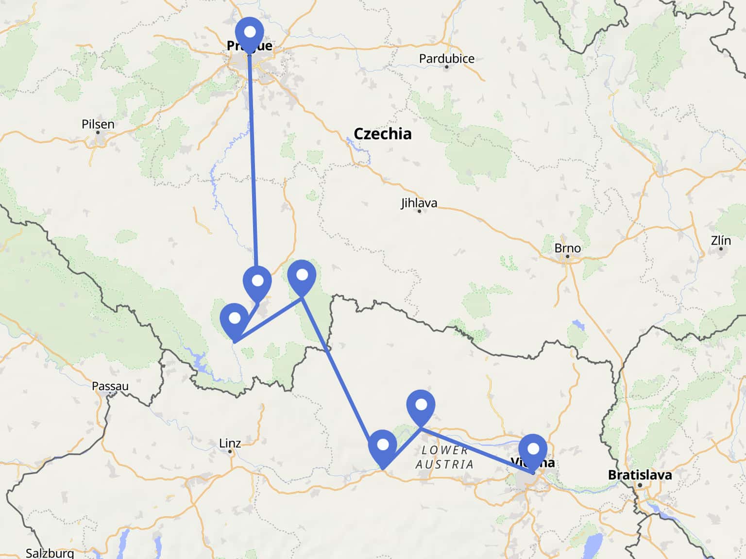 Vienna to Prague Cycling Tour route map